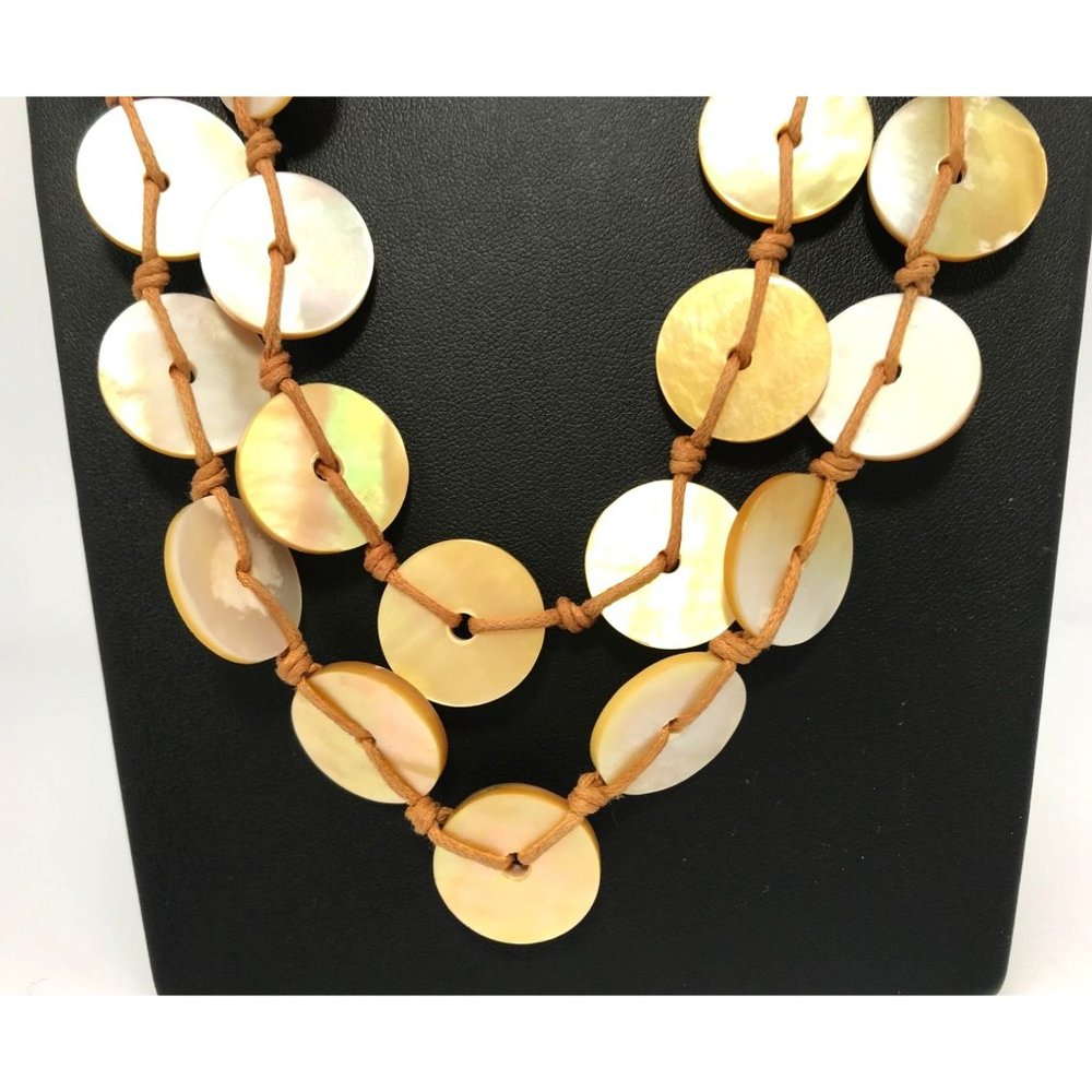 Vintage Handmade Double Strand Mother of Pearl Disc Necklace Dyed Golden Boho - Picture 2 of 5